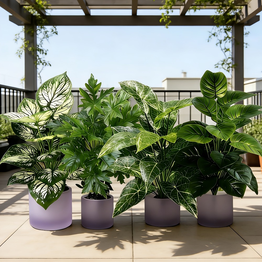 Dracaena Marginata - 4個入り人工植物、48枚の葉を持つ大型フェイク扇形葉ひまわりの木、プラスチック製の葉、人工ジャングルヤシの木（家庭用）