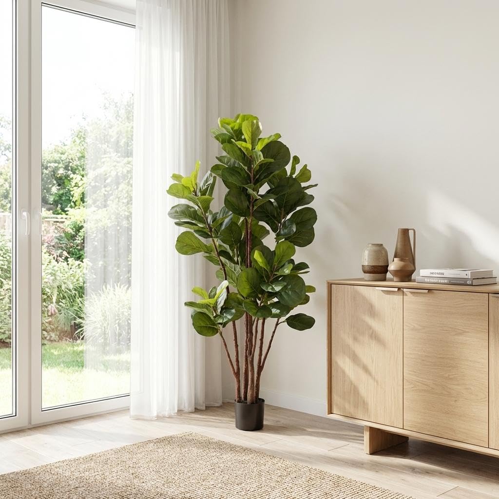 フィドルリーフフィグツリー人工樹木、5フィートの人工観葉植物 - Ficus Lyrata Tree のレビューと価格
